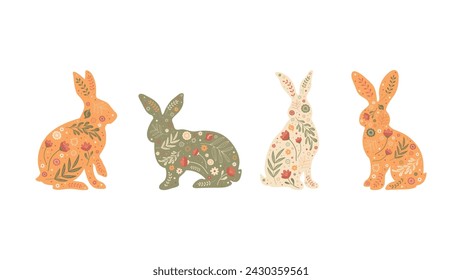 4 Easter Rabbit In Vintage Colors. Illustrations With Silhouettes Of Bunnies, Spring Flowers And Abstract Folk Pattern. Vector