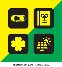 4 eco icons in vector set. luck four leaves trebol, vehicle, solar panel and ecology and environment illustration for web and graphic design