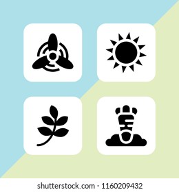 4 ecology icons in vector set. climate, windmill, branch with leaves black shape and agriculture illustration for web and graphic design