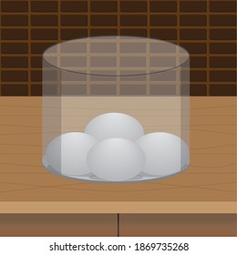 4 huevos en un recipiente de vidrio encima del armario y delante de la pared 3d