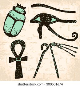 4 Egyptian symbols on hand drawn ancient background 