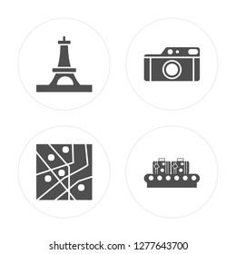 4 Eiffel tower, Map, Camera, Luggage modern icons on round shapes, vector illustration, eps10, trendy icon set.