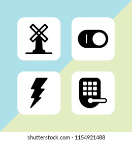 4 electricity icons in vector set. lightning electric energy, big windmill, smart lock and switch illustration for web and graphic design