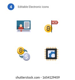 4 elektronische Flachsymbole einzeln auf . Die mit E-Commerce Marketing gesetzten Symbole, Erstmaliges Münzangebot, Kryptoaustausch, Elektronik-Reparatursymbole.