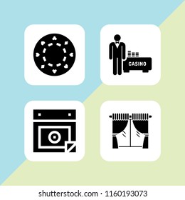 4 elegant icons in vector set. poker token, curtain, install wizard and casino illustration for web and graphic design