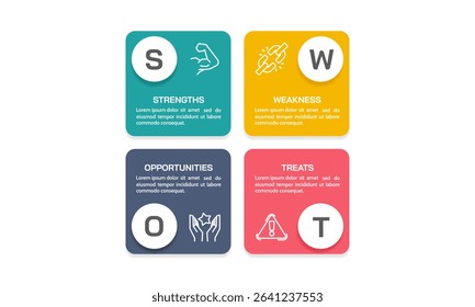 4 element Infographic design template with SWOT analysis concept. Presentation, Plan, Information and Strategy. Vector illustration.