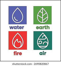 4 Conjunto de vetores de símbolos elementares - Ilustração da Terra, do Ar, do Fogo e da Água no fundo branco. 19.