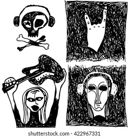 4 elements of black and white hand drawn doodle vector illustration of rock-n-roll