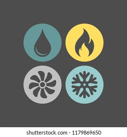 4 elements flat vector icons set. Drop, water, fire, wind, snow, propeller flat vector icons