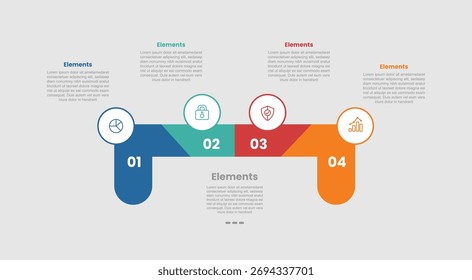 Diagrama de comparação infográfico de 4 elementos com linha grossa horizontal com emblema de círculo superior com 4 etapas para slide apresentação vetor