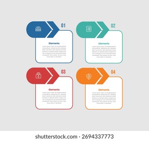 Diagrama comparativo de infografía de 4 Elementos con caja cuadrada redonda con insignia de flecha en la parte superior con 4 pasos para el Vector de presentación de diapositivas