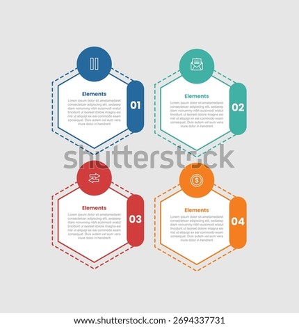 4 elements infographic comparison diagram with hexagon shape with rectangle badge and circle on top with 4 step for slide presentation vector