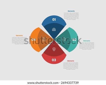 4 elements infographic comparison diagram with flowers petals shape with shadow center and round edge with 4 step for slide presentation vector