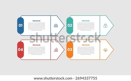 4 elements infographic comparison diagram with arrow box container with round rectangle badge on side with 4 step for slide presentation vector