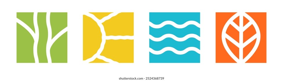 Logotipo de 4 Elementos para el descanso. Sol, agua, tierra y aire. Ilustración vectorial.