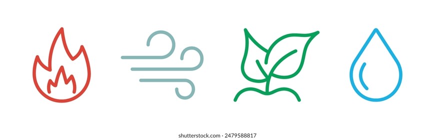 4 Elementos de la naturaleza. Conjunto de iconos de cuatro Elementos. Agua, tierra, fuego y aire. Ilustración vectorial.