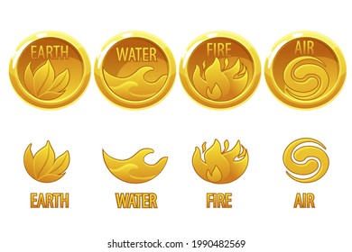 4 elementos naturaleza, arte dorado iconos agua, tierra, fuego, aire para el juego.