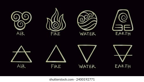 4 elements of nature. Vector golden icons for air, fire, water and earth isolated on black background