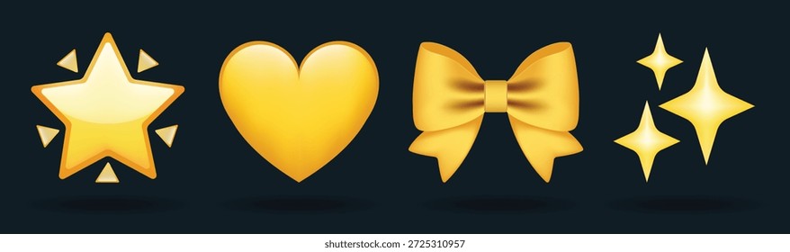 4 emoticonos aislados sobre fondo blanco. Corazón de color amarillo, lazo de cinta y estrellas doradas ilustración de emoji de Vector. Conjunto de ilustración 3D.