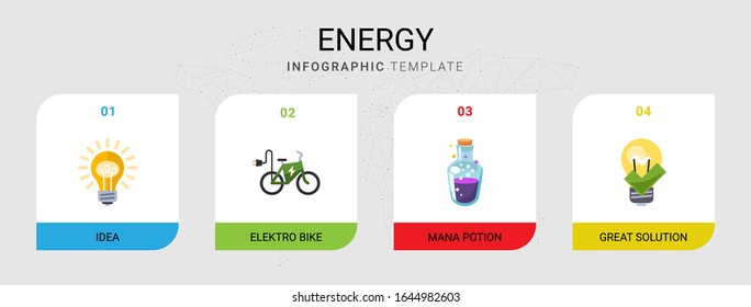 4 iconos planos de energía establecidos aislados en plantilla infográfica. Iconos con Idea, elektro bici, maná potion, grandes íconos de solución.