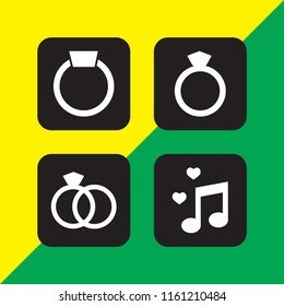 4 engagement icons in vector set. diamond ring shape, ring with precious stone, wedding rings couple and wedding illustration for web and graphic design