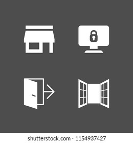 4 entrance icons in vector set. lock, front store, opened window door of glasses and exit illustration for web and graphic design