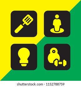 4 equipment icons in vector set. dumbell, spatula, gps and lightbulb illustration for web and graphic design