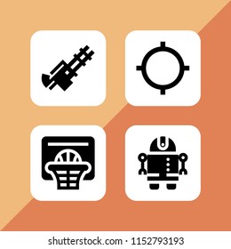 4 equipment icons in vector set. gps, robot, basketball and gun illustration for web and graphic design