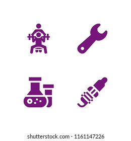 4 equipment icons in vector set. spark plug, wrench, gym and flask illustration for web and graphic design