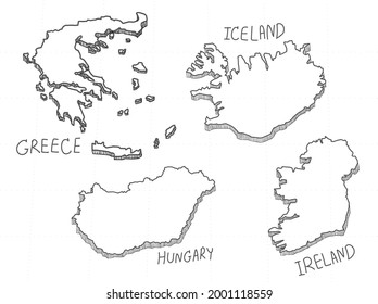 4 Europe 3D Map is composed Greece, Iceland, Ireland and Hungary. All hand drawn on white background.