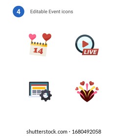 4 event flat icons set isolated on . Icons set with Valentines Day, Live Event Streaming, Interactive Course, firework icons.
