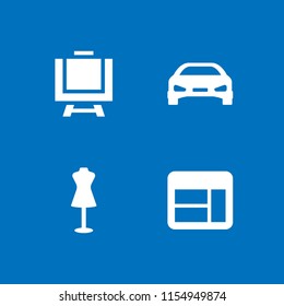 4 exhibition icons in vector set. art, store mannequin, frame and sportive car front illustration for web and graphic design