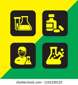 4 experiment icons in vector set. science, lab, pharmaceutical and test tube and flask for chemistry class illustration for web and graphic design