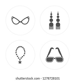 4 Eyeglasses, Star pendant, Dangling earrings, Rectangular eyeglass frame modern icons on round shapes, vector illustration, eps10, trendy icon set.