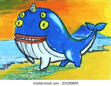 4 eyes whale with horn painting background