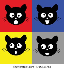 4 Faces of cute black cat in cartoon style
 