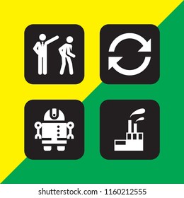 4 factory icons in vector set. load, worker, robot and industrial building with contaminants illustration for web and graphic design