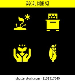 4 farm icons in vector set. bee hive, sprout and corn illustration for web and graphic design