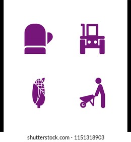 4 farm icons in vector set. farming and gardening, wheelbarrow, tractor and corn illustration for web and graphic design