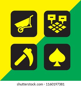 4 farm icons in vector set. field, wheelbarrow, spades and agriculture illustration for web and graphic design