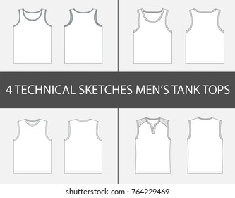 4 Fashion technical sketches of men's Tank Tops in vector graphic