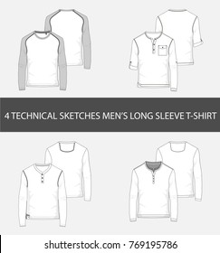 4 Fashion technical sketches men's Long Sleeve T-Shirt in vector graphic
