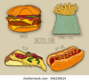 4 fast food items for restaurants menu. hand drawn illustration. vector