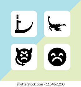 4 fear icons in vector set. evil, scythe, scorpion and sad illustration for web and graphic design