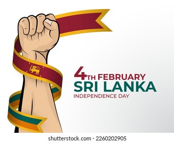 4 February. Vector illustration of Happy Independence Day greeting card for the country of Sri Lanka with clenched fists and a flag ribbon. Use for banners on a white background.