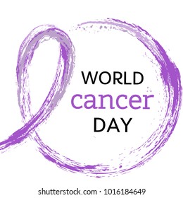 4 of February World Cancer Day vector illustration. Watercolor purple symbol - pink crayon ribbon. Hand drawn ribbon. EPS10. Design template for poster, banner, flayer, web, cards.