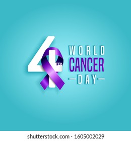 4 February, World Cancer Day with  awareness purple ribbon and number four design on blue background.