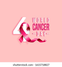 4 February, World Cancer Day with  awareness purple ribbon and number four design on pink background.