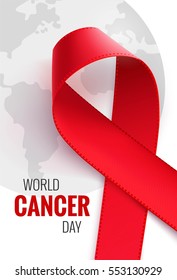 4 february - World cancer day. Cancer awareness background with red ribbon and planet silhouette. Vector illustration