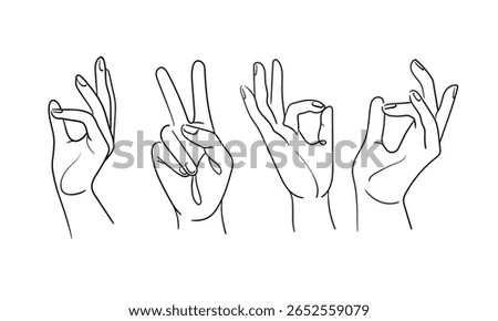 4 Female hands in gestures, continious line drawing. Symbols, sign language. Vector illustration